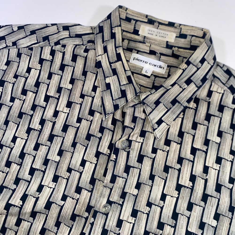 Pierre Cardin Men Large Short Sleeve Button Down Abstract Geometric Cotton Shirt